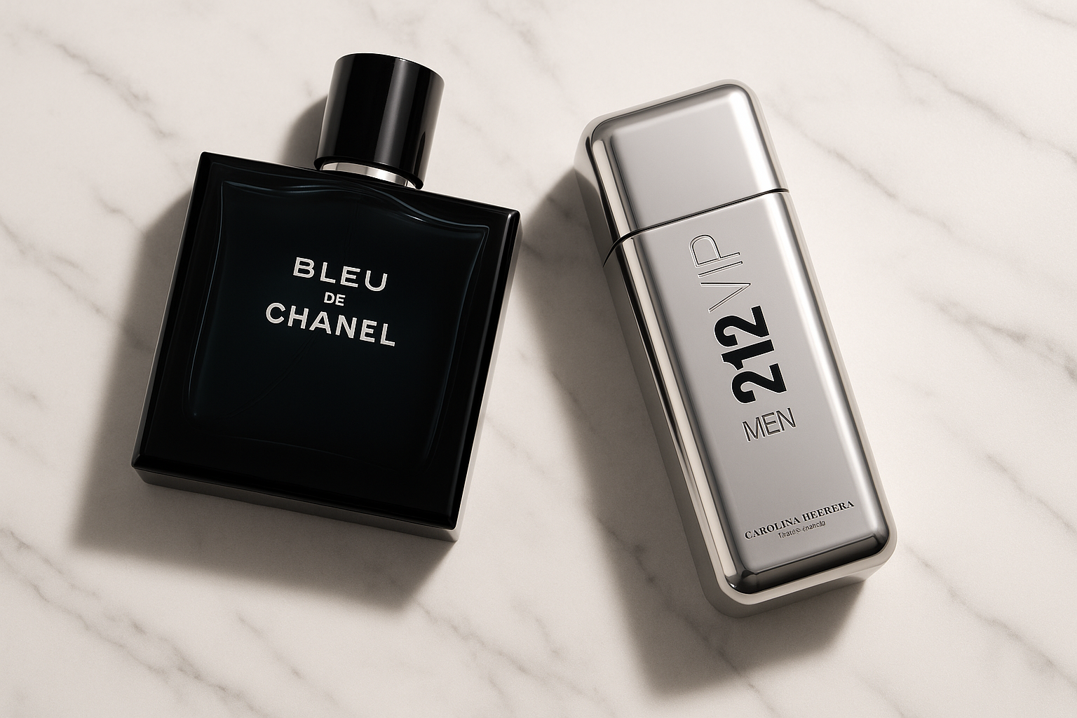 agrega en un fondo de marmol blanco los perfumes Duo Bleu chanel y 212 Vip Men