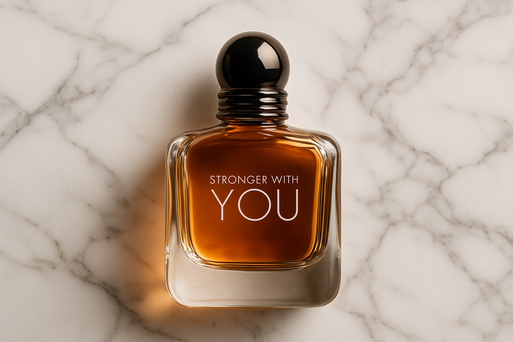 crea una imagen de el perfume stronger with you, en un fondo de lujo blanco de marmol 