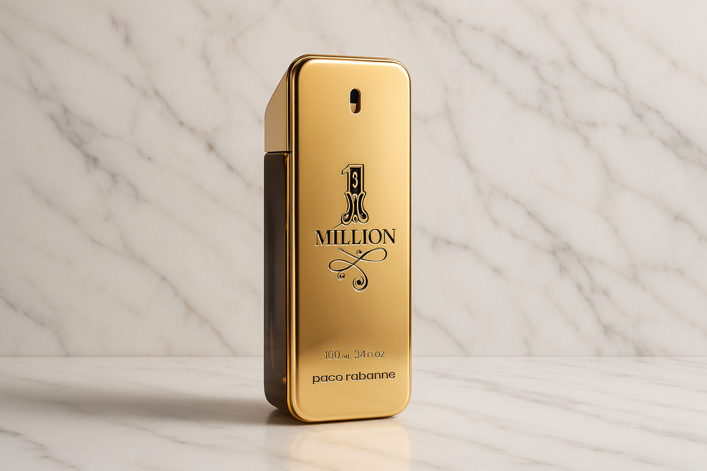 crea una imagen del Perfume One million clásico, con un fondo de lujo de marmol blanco 