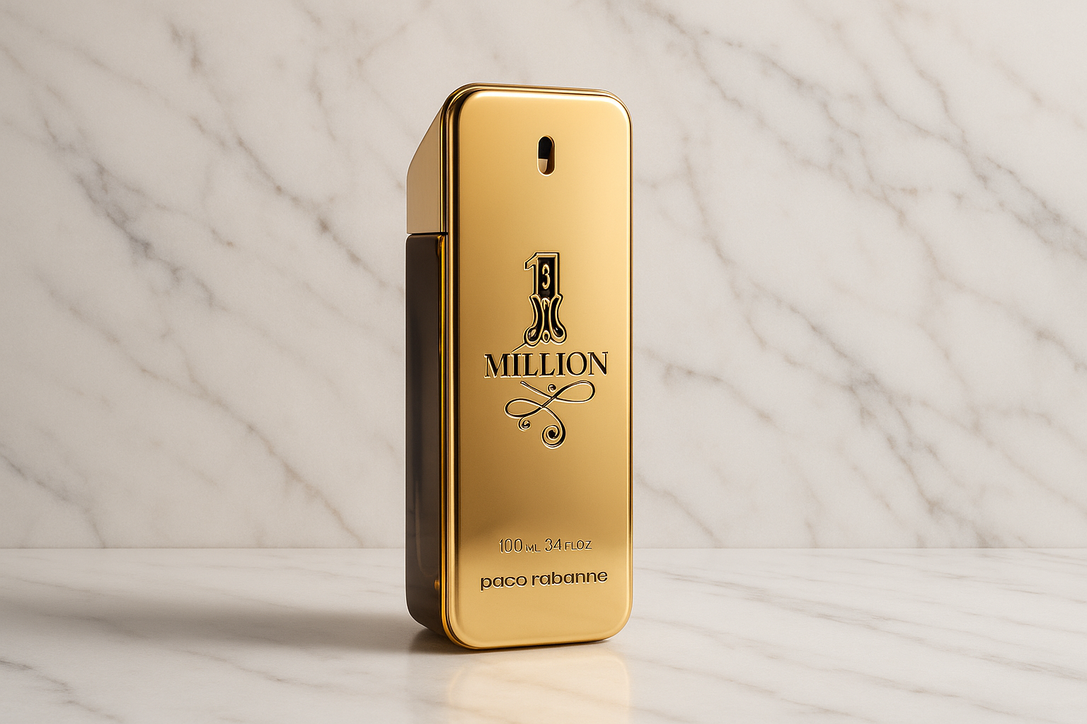 crea una imagen del Perfume One million clásico, con un fondo de lujo de marmol blanco 