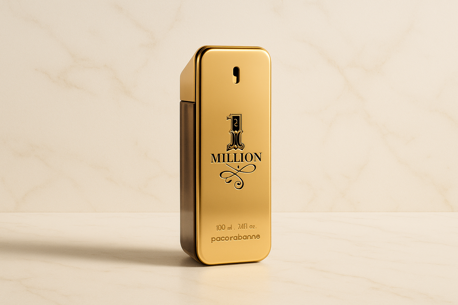 crea una imagen del perfume One million con un fondo elegante y minimalista de lujo en blanco marfil (#FAF8F0) con textura sutil de mármol
