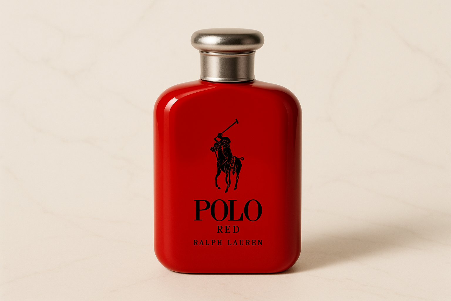 crea una imagen del perfume Polo Red de Ralph Lauren 
 con un fondo elegante y minimalista de lujo en blanco marfil (#FAF8F0) con textura sutil de mármol
