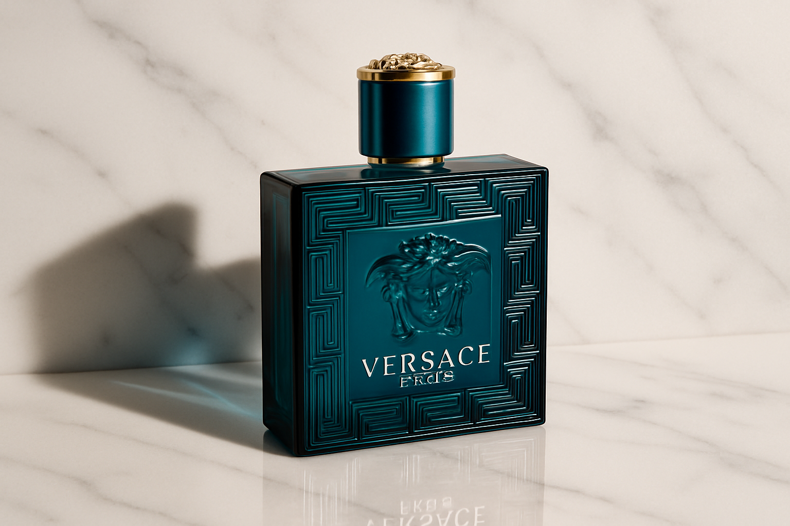 crea una imagen del Versace Eros, en un fondo lujoso de marmol blanco 