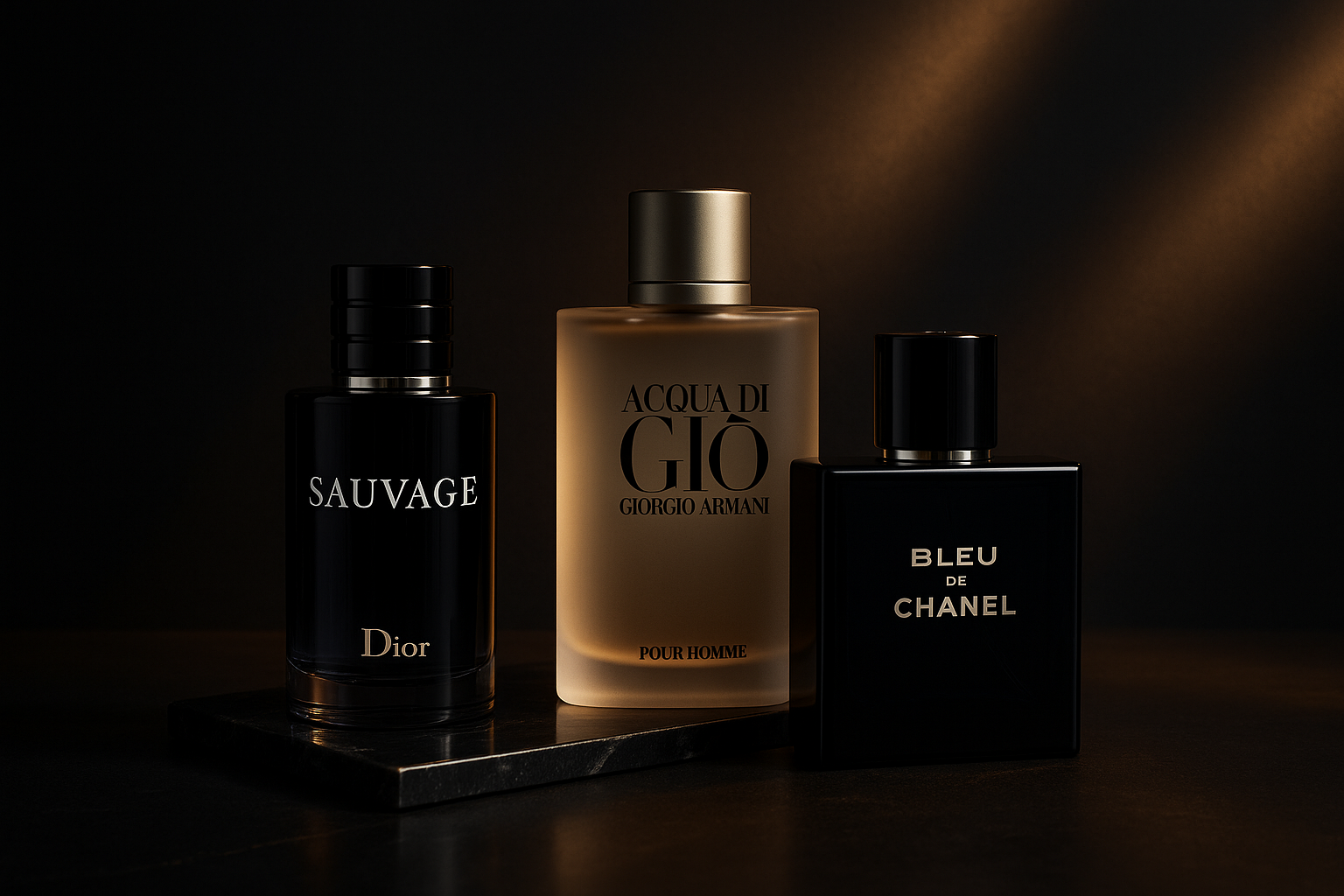 "Genera un fondo oscuro y elegante con un estilo de lujo. El ambiente debe transmitir sofisticación y exclusividad, con tonos negros, grises y dorados sutiles. Agrega iluminación suave y focalizada que resalte el producto: Sauvage, aqua de Gio,  Bleu Chanel . El diseño debe ser minimalista, moderno y adecuado como fondo para un catálogo online de perfumes y artículos de alta gama."