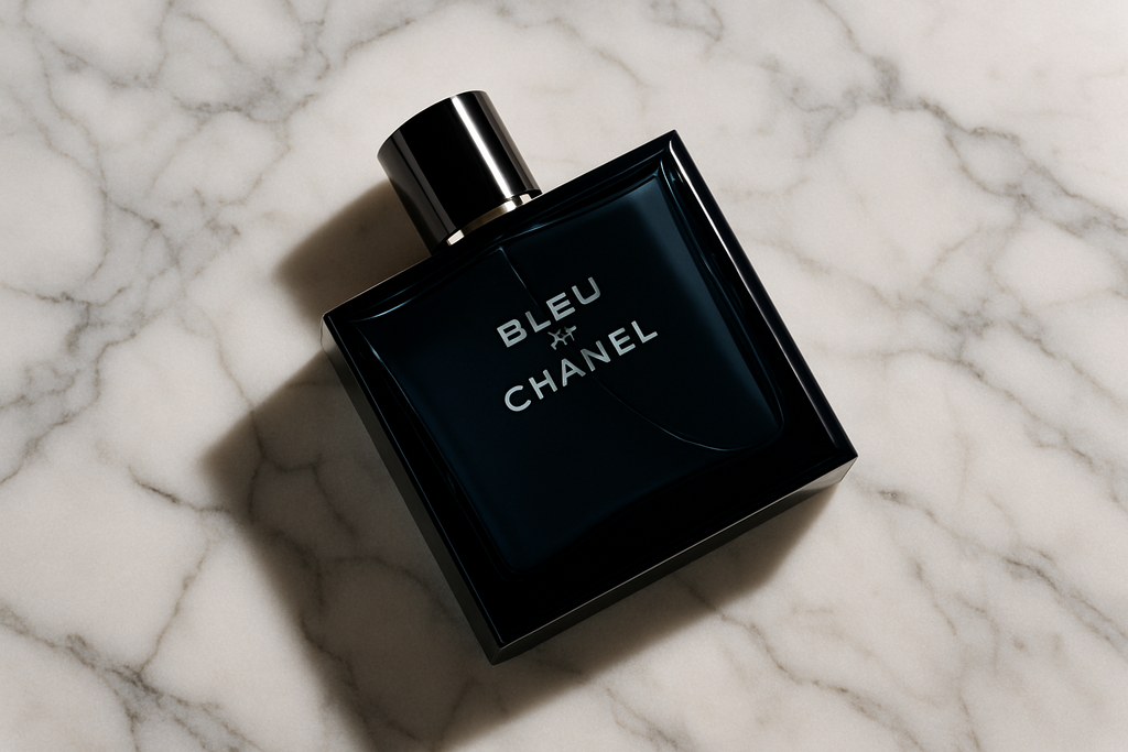 haz una imagen de lujo con marmol blanco de fondo con el perfume bleu de chanel  acostado 