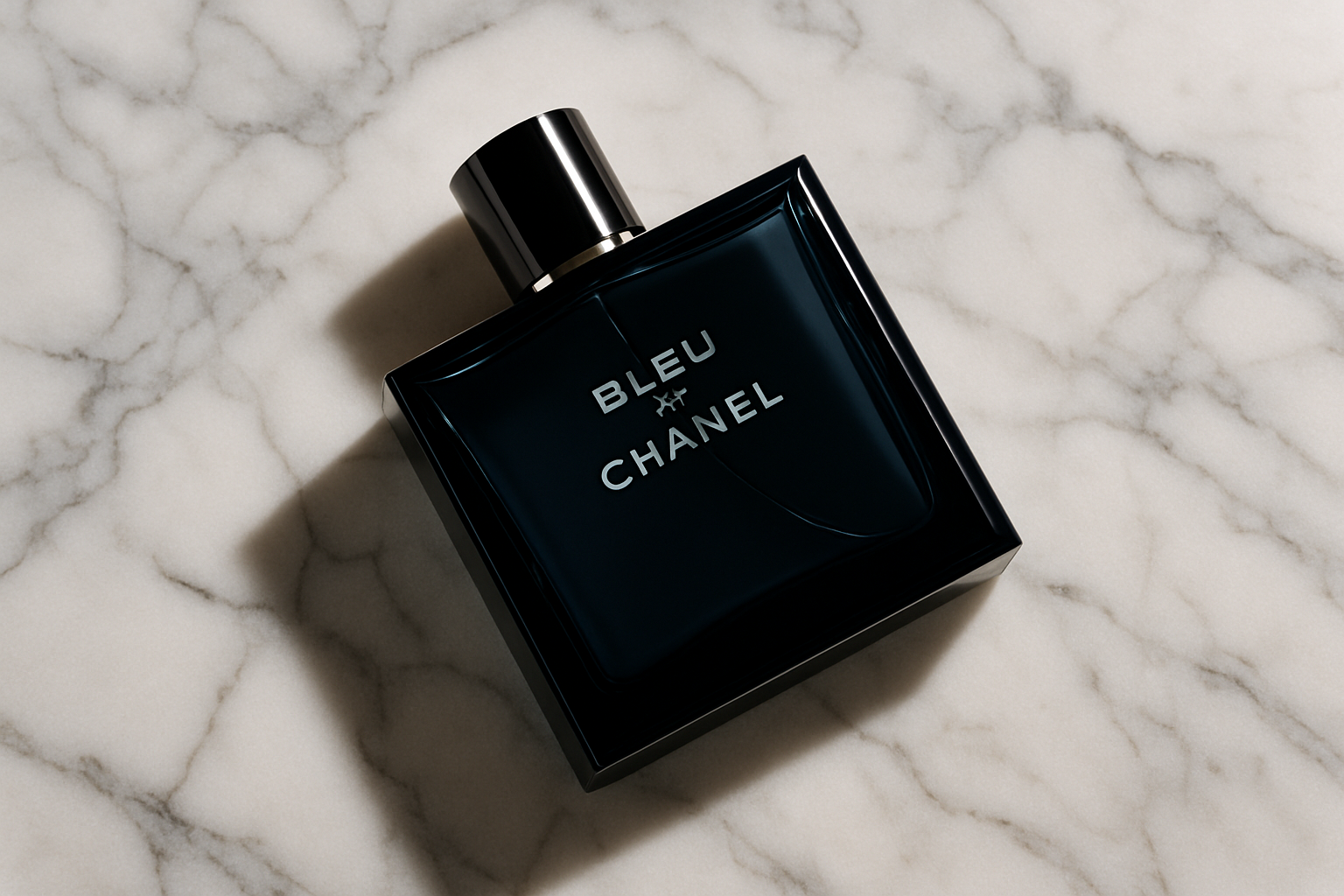 haz una imagen de lujo con marmol blanco de fondo con el perfume bleu de chanel  acostado 